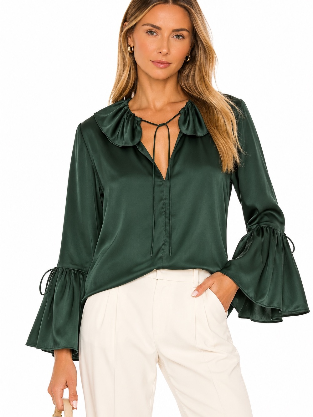 Massimo Dutti 100% Silk Emerald Green Bell Sleeve Blouse Size 4